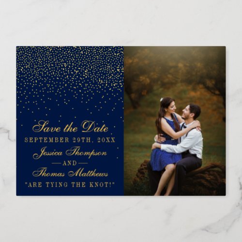 Navy Blue  Glam Gold Wedding Save The Date Real Foil Invitation