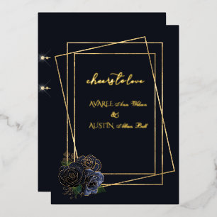 Navy Blue Glam Roses and Black and Gold Foil Foil Invitation