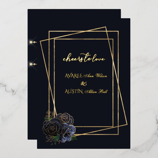  Navy Blue Glam Roses and Black and Gold  Foil Foil Invitation (Front/Back)