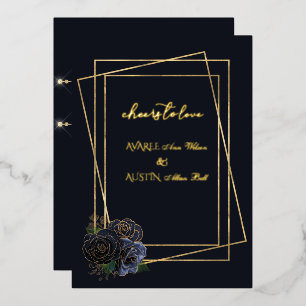  Navy Blue Glam Roses and Black and Gold  Foil Invitation
