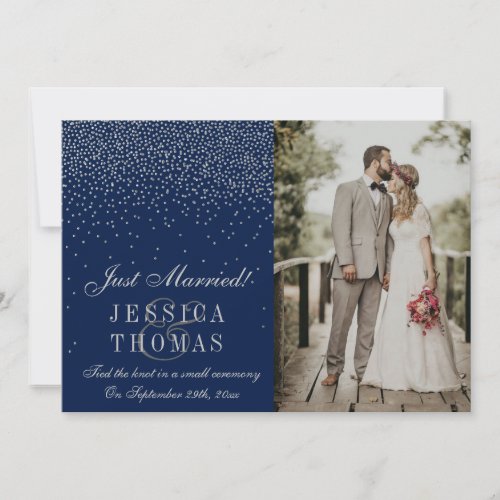 Navy Blue  Glam Silver Confetti Photo Wedding Announcement