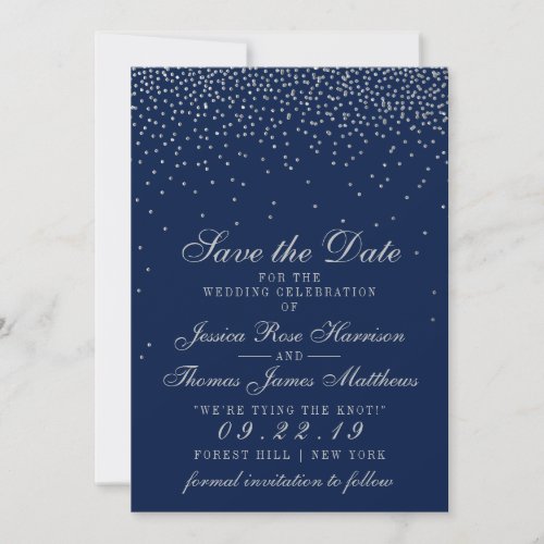 Navy Blue  Glam Silver Confetti Save The Date