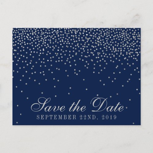 Navy Blue  Glam Silver Confetti Save The Date Announcement Postcard