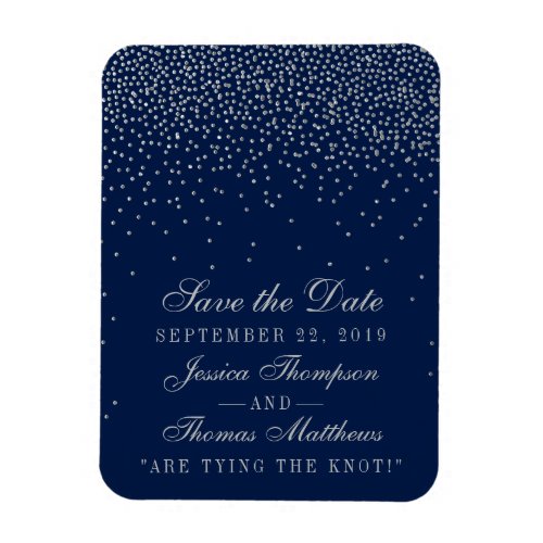 Navy Blue  Glam Silver Confetti Save The Date Magnet