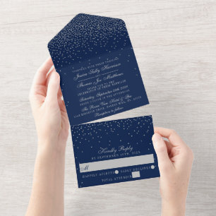 Navy Blue & Glam Silver Confetti Wedding All In One Invitation