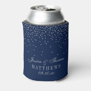 Navy Blue & Glam Silver Confetti Wedding Can Cooler