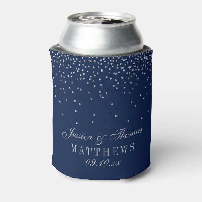 Navy Blue & Glam Silver Confetti Wedding Can Cooler (Can Back)