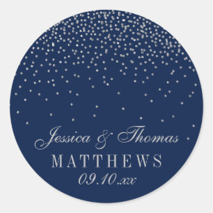 Navy Blue & Glam Silver Confetti Wedding Classic Round Sticker