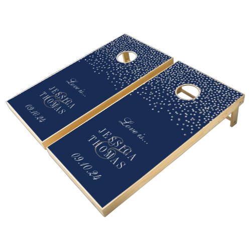 Navy Blue  Glam Silver Confetti Wedding Cornhole Set