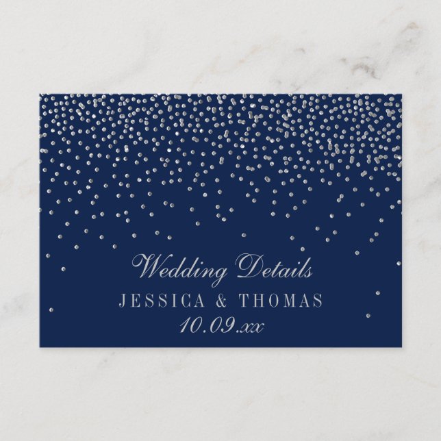 Navy Blue & Glam Silver Confetti Wedding Detail Enclosure Card (Front)