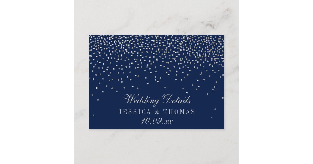 Navy Blue & Glam Silver Confetti Wedding Detail Enclosure Card | Zazzle