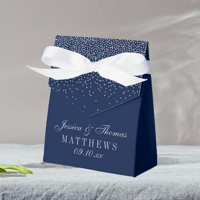 Navy Blue & Glam Silver Confetti Wedding Favor Boxes (Creator Uploaded)