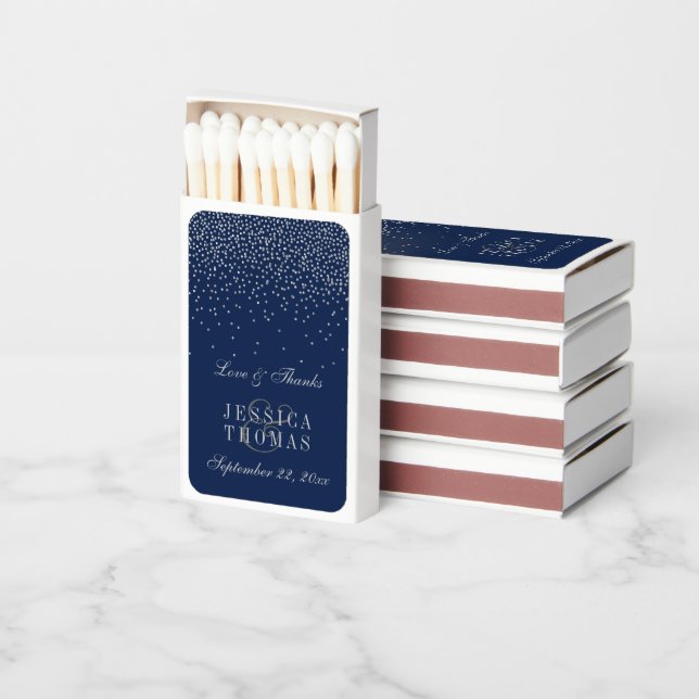 Navy Blue & Glam Silver Confetti Wedding Favors Matchboxes (Stacked)