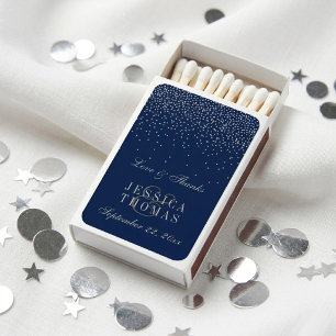 Navy Blue & Glam Silver Confetti Wedding Favors Matchboxes