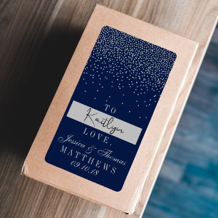 Navy Blue & Glam Silver Confetti Wedding Gift Label