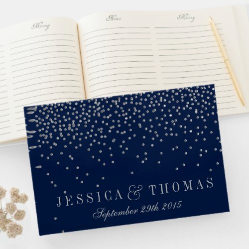 Navy Blue  Glam Silver Confetti Wedding Guest Book