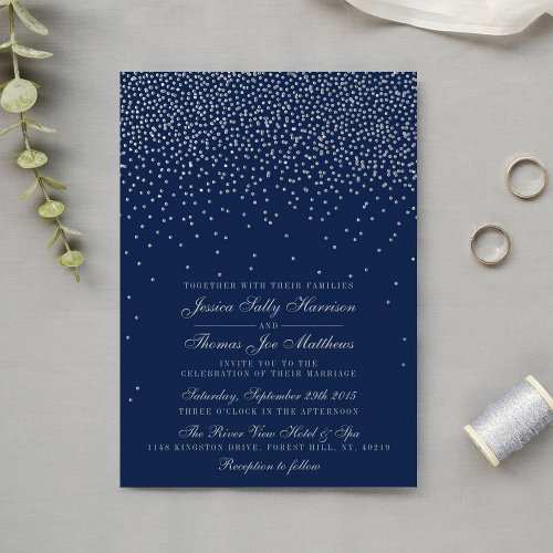 Navy Blue  Glam Silver Confetti Wedding Invitation