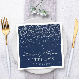 Navy Blue & Glam Silver Confetti Wedding Napkins
