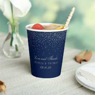 Navy Blue & Glam Silver Confetti Wedding Paper Cups