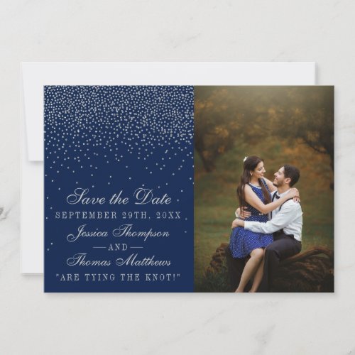 Navy Blue  Glam Silver Confetti Wedding Photo Save The Date