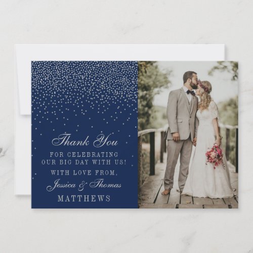 Navy Blue  Glam Silver Confetti Wedding Photo Thank You Card