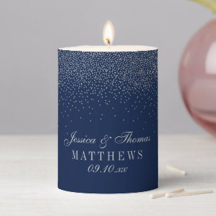 Navy Blue & Glam Silver Confetti Wedding Pillar Candle