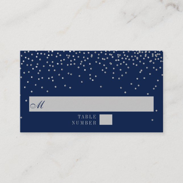 Navy Blue & Glam Silver Confetti Wedding Place Card (Front)