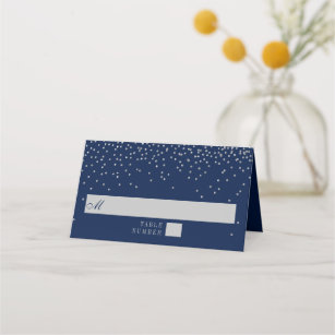 Navy Blue & Glam Silver Confetti Wedding Place Card