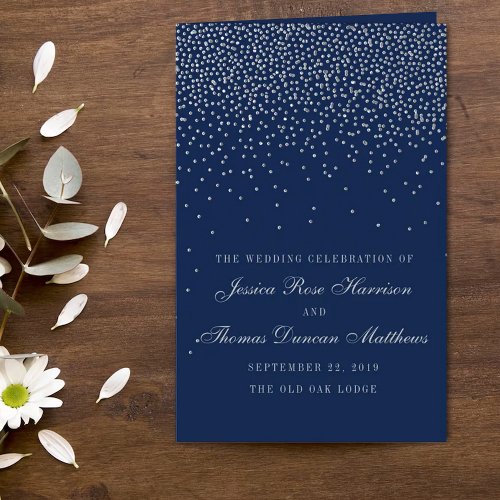 Navy Blue  Glam Silver Confetti Wedding Program