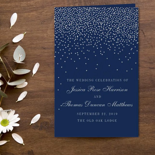 Navy Blue & Glam Silver Confetti Wedding Program (Creator Uploaded)