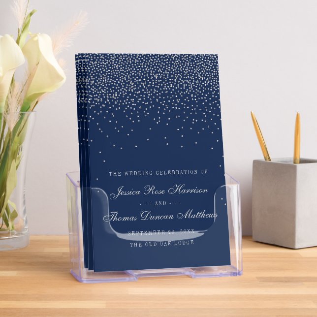 Navy Blue & Glam Silver Confetti Wedding Program Brochure (Insitu)