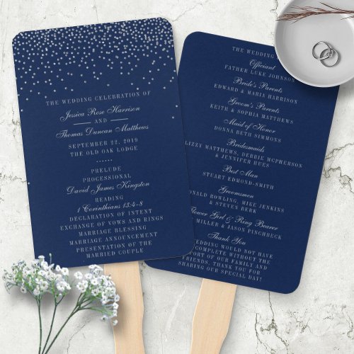 Navy Blue  Glam Silver Confetti Wedding Program Hand Fan