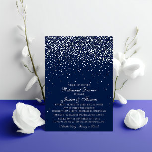 Navy Blue & Glam Silver Confetti Wedding Rehearsal Foil Invitation