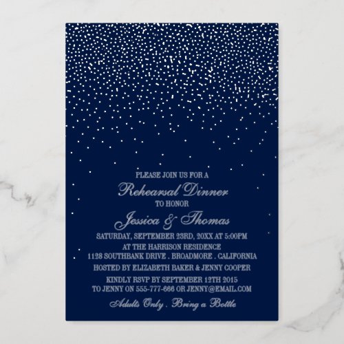 Navy Blue  Glam Silver Confetti Wedding Rehearsal Foil Invitation