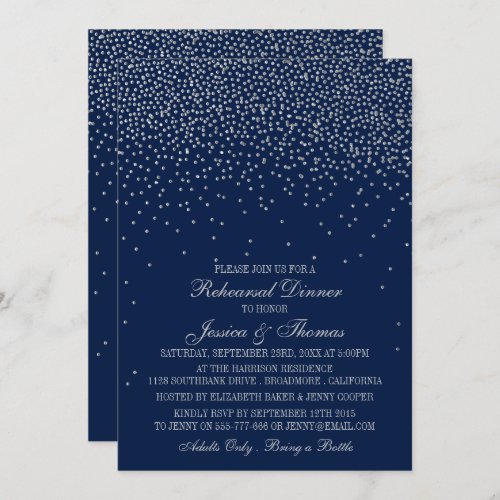 Navy Blue  Glam Silver Confetti Wedding Rehearsal Invitation