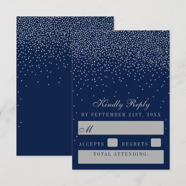 Navy Blue & Glam Silver Confetti Wedding RSVP Card (Front/Back)