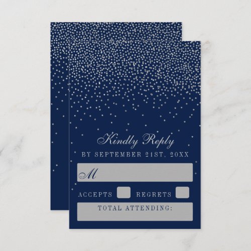 Navy Blue  Glam Silver Confetti Wedding RSVP Card