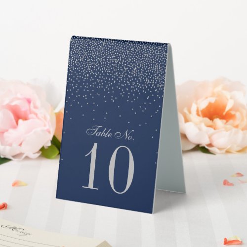 Navy Blue  Glam Silver Confetti Wedding Table No Table Tent Sign