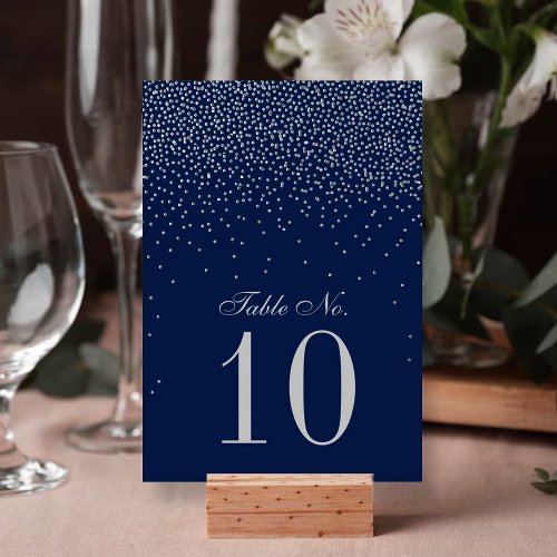 Navy Blue  Glam Silver Confetti Wedding Table Number