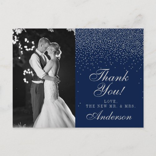 Navy Blue  Glam Silver Confetti Wedding Thank You Announcement Postcard