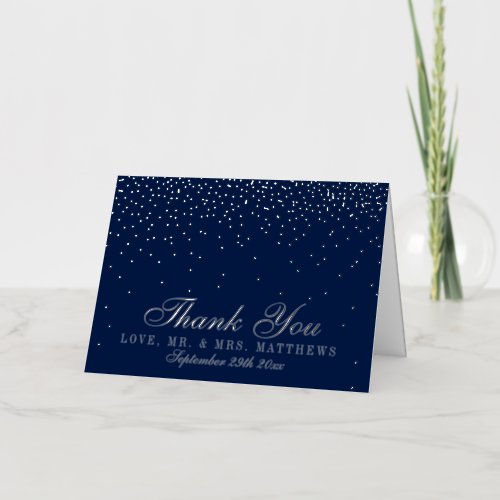 Navy Blue  Glam Silver Confetti Wedding Thank You Foil Greeting Card