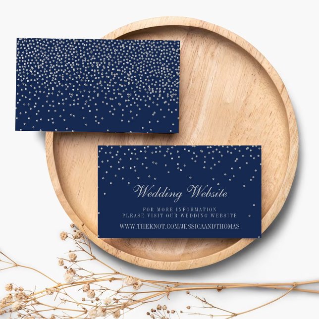 Navy Blue & Glam Silver Confetti Wedding Website Enclosure Card (Creator Uploaded)