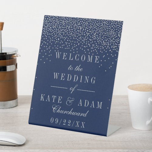 Navy Blue  Glam Silver Confetti Wedding Welcome Pedestal Sign