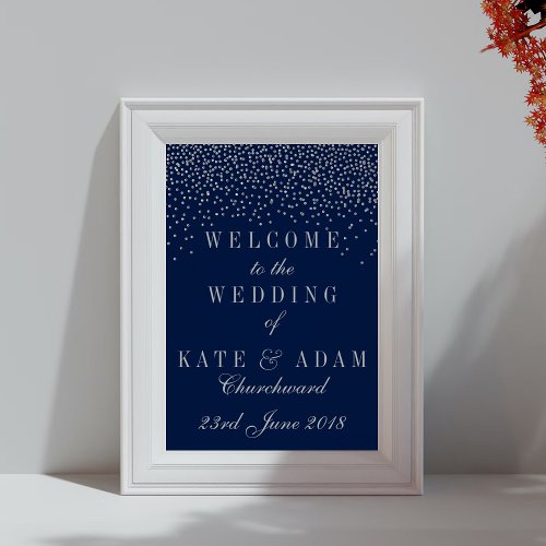 Navy Blue  Glam Silver Confetti Wedding Welcome Poster