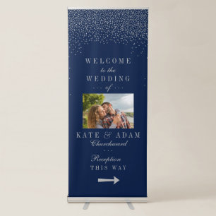 Navy Blue & Glam Silver Confetti Wedding Welcome Retractable Banner