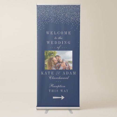 Navy Blue  Glam Silver Confetti Wedding Welcome Retractable Banner