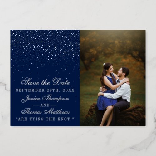 Navy Blue  Glam Silver Wedding Save The Date Real Foil Invitation