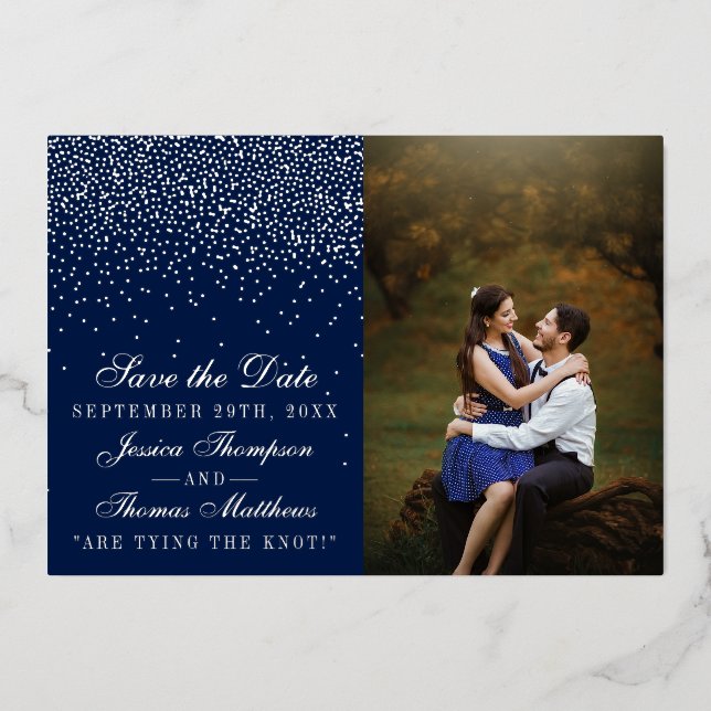 Navy Blue & Glam Silver Wedding Save The Date Real Foil Invitation (Front)