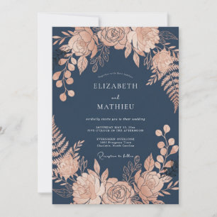Navy Blue Glamorous Rose Evening Wedding Invitation