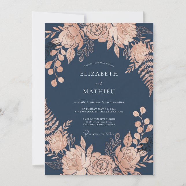 Navy Blue Glamorous Rose Evening Wedding Invitation (Front)